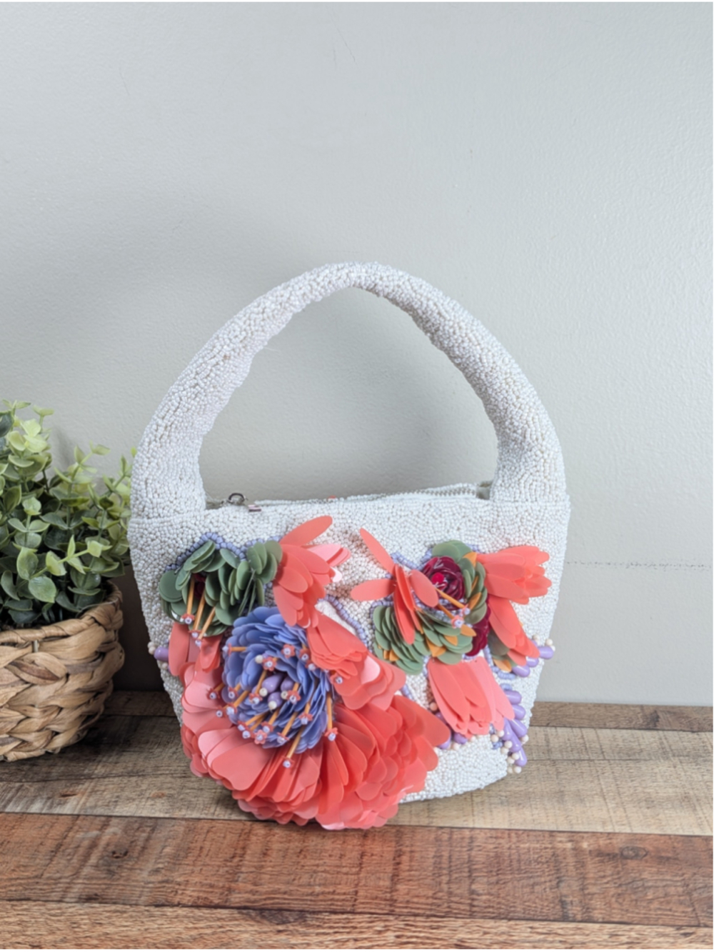 NEW viral Beaded 3D Flower Zip Top Handle Bag Handbag Floral Embellished Tiktok